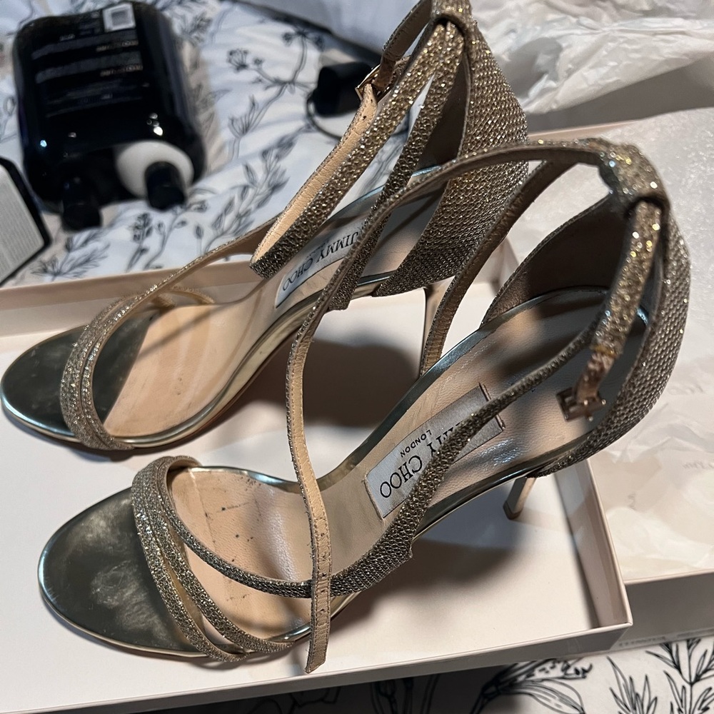 AUTHENTIC JIMMY CHOO NOVA BRUSHED METALLIC PATENT GOLD HEELS